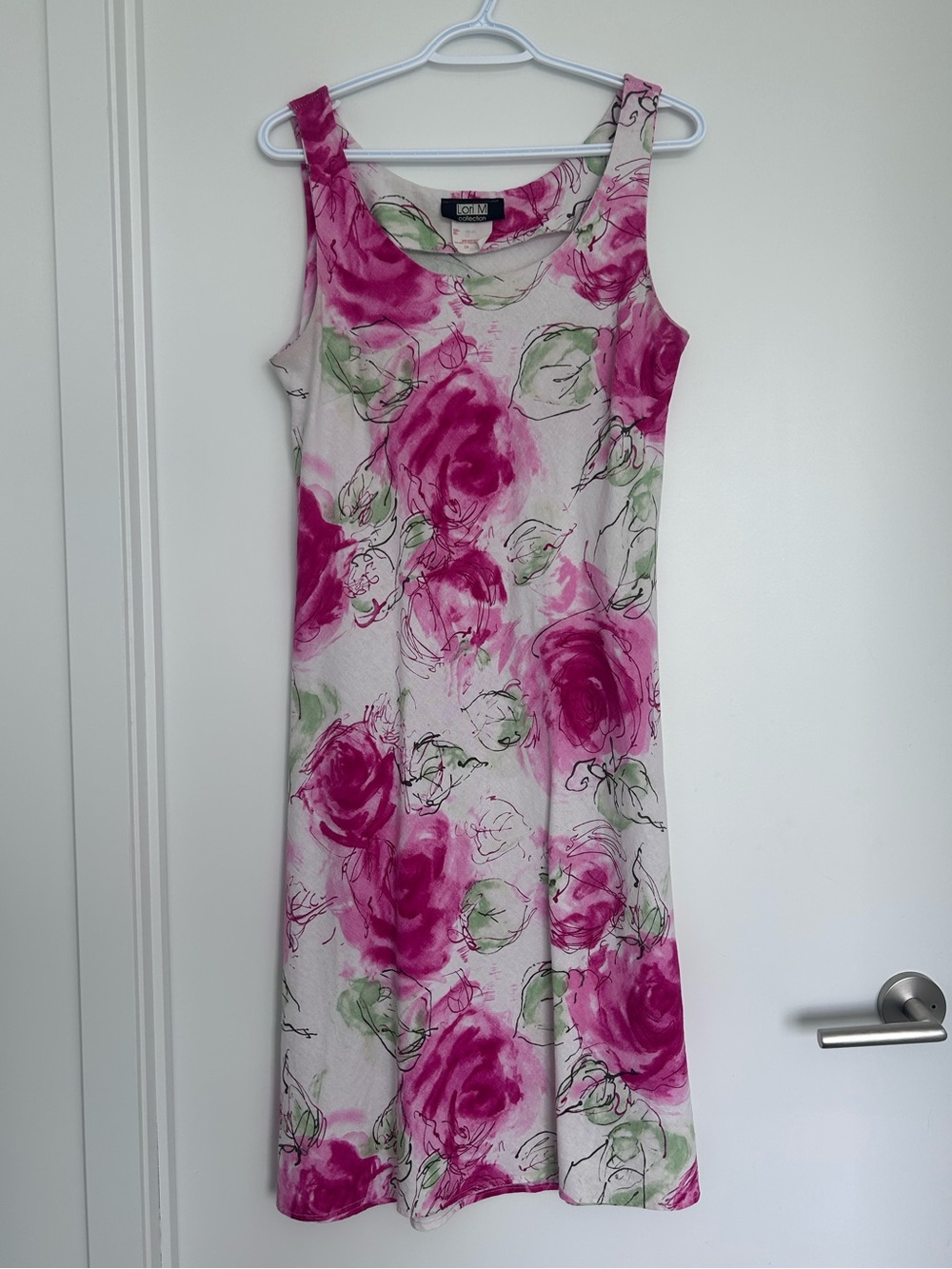 Vintage Pink and White Floral Midi linen Dress